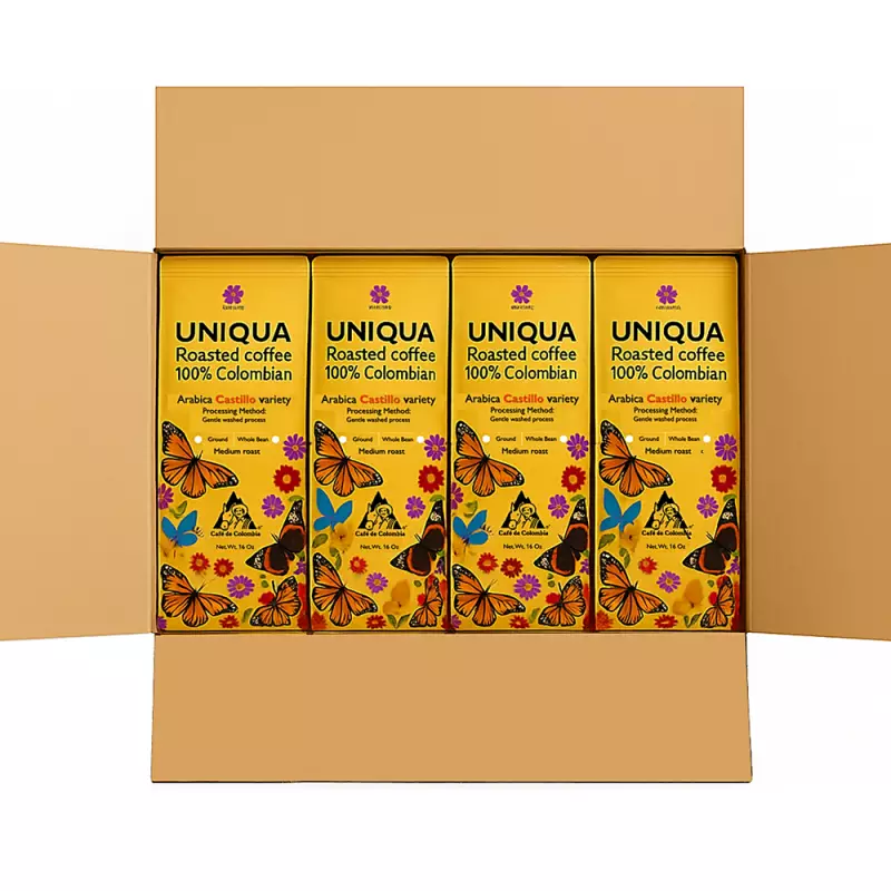 Roasted Coffee. Net Wt. 16 Oz. 100% arabica Colombian Coffee. Castillo variety. Ground or whole bean