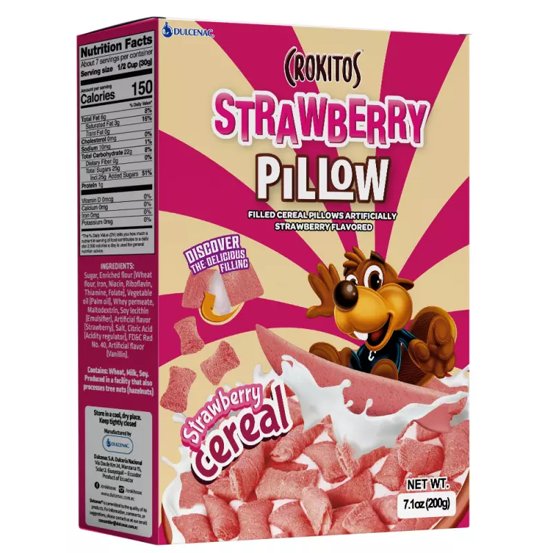 Crokitos | Pillow-shaped cereal with strawberry-flavored filling | 7.1 oz E