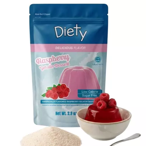 Diety- Gelatin with no added sugar, Diety brand, 84 g, rasperry flavor, low in calories E