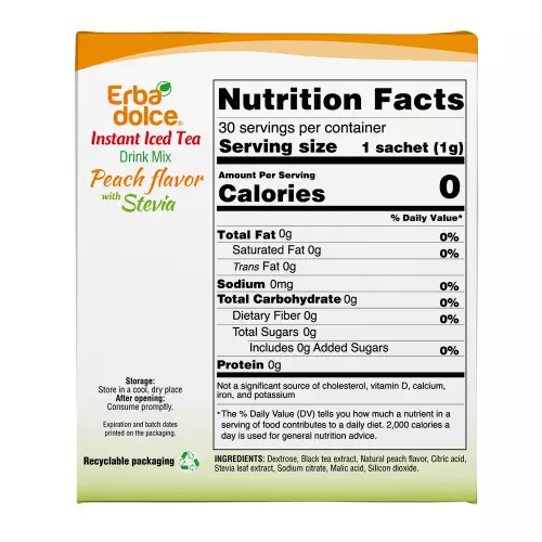 Erbadolce - Instant Iced tea Drink Mix Peach flavor - 1.06 oz - Sugar free - keto friendly