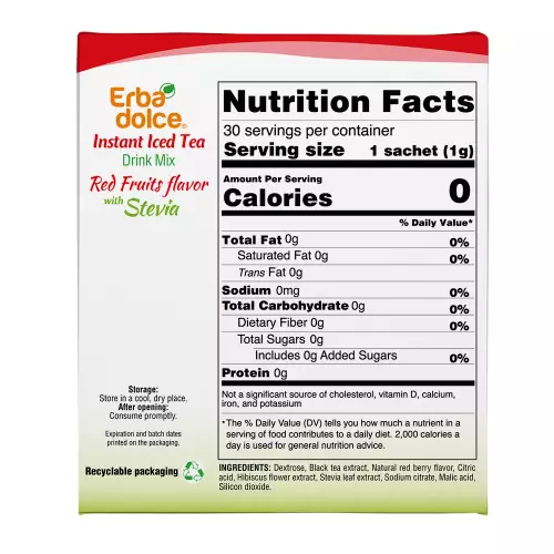 Erbadolce - Instant iced tea Drink Mix Red Fruits flavor - 1.06 oz - Sugar free - keto friendly