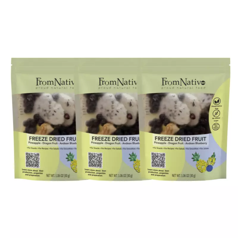 FromNativoGo | Freeze Dried Fruit Snack: Pineapple, DragonFruit, Andean Blueberry | 3Pack | 3.05OzE