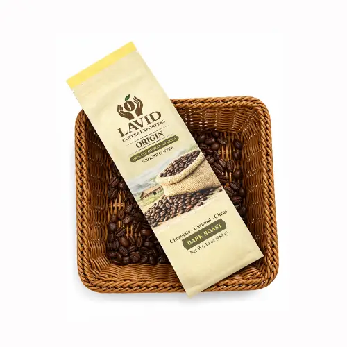 LAVID COFFEE. 16 oz - ORIGIN Dark Roast. mass-market coffee. Ground Coffee