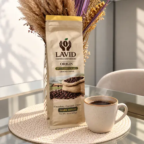 LAVID COFFEE. 16 oz - ORIGIN Dark Roast. mass-market coffee. Ground Coffee