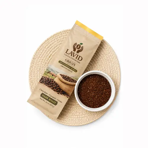 LAVID COFFEE. 16 oz - ORIGIN Dark Roast. mass-market coffee. Ground Coffee