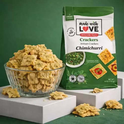 Made With Love - Artisan baked Crackers with chimichurri sauce, 6 oz, zip and seal bags E