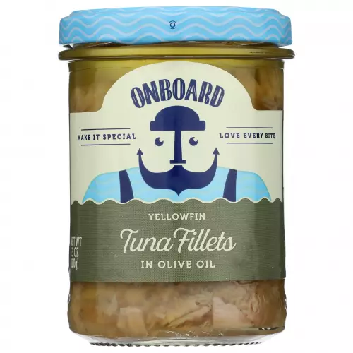 Onboard-Yellowfin tuna fillet in glass jar in Olive Oil E