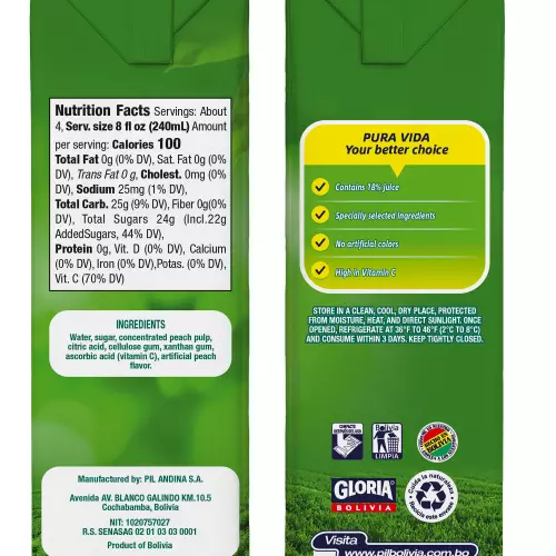 Pil - Peach Nectar - 33,8 fl oz - 18% contains juice - High in vitamin C