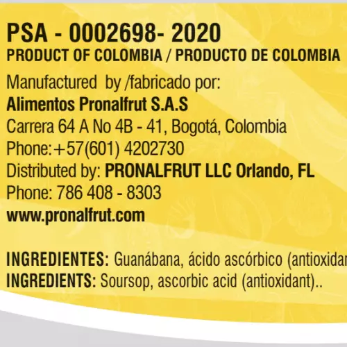Pronalfrut-Soursop Frozen Fruit Pulp - 35 oz (1.000gr) E. - 10 pillows x 100 g