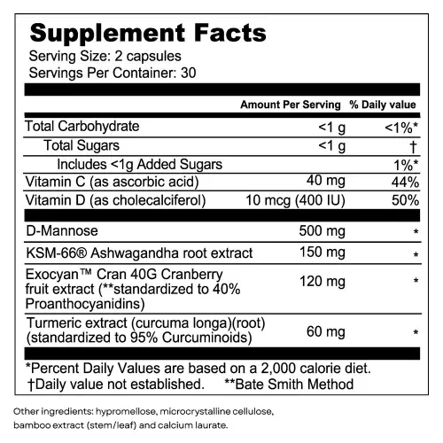 SEASON34-Menopause Urinary Tract Support - 60 Ct - Urgency, Frequency - D-Mannose, Cranberry 40% PAC