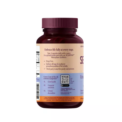 SEASON34-Menopause Urinary Tract Support - 60 Ct - Urgency, Frequency - D-Mannose, Cranberry 40% PAC