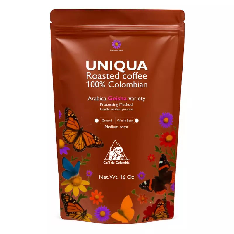 Roasted Coffee. Net Wt. 16 Oz. 100% arabica Colombian Coffee. Geisha variety. Ground or whole bean