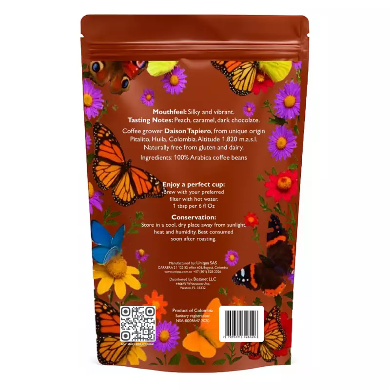 Roasted Coffee. Net Wt. 16 Oz. 100% arabica Colombian Coffee. Geisha variety. Ground or whole bean