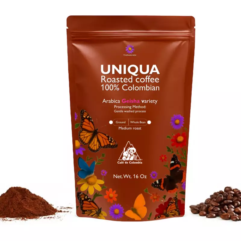 Roasted Coffee. Net Wt. 16 Oz. 100% arabica Colombian Coffee. Geisha variety. Ground or whole bean
