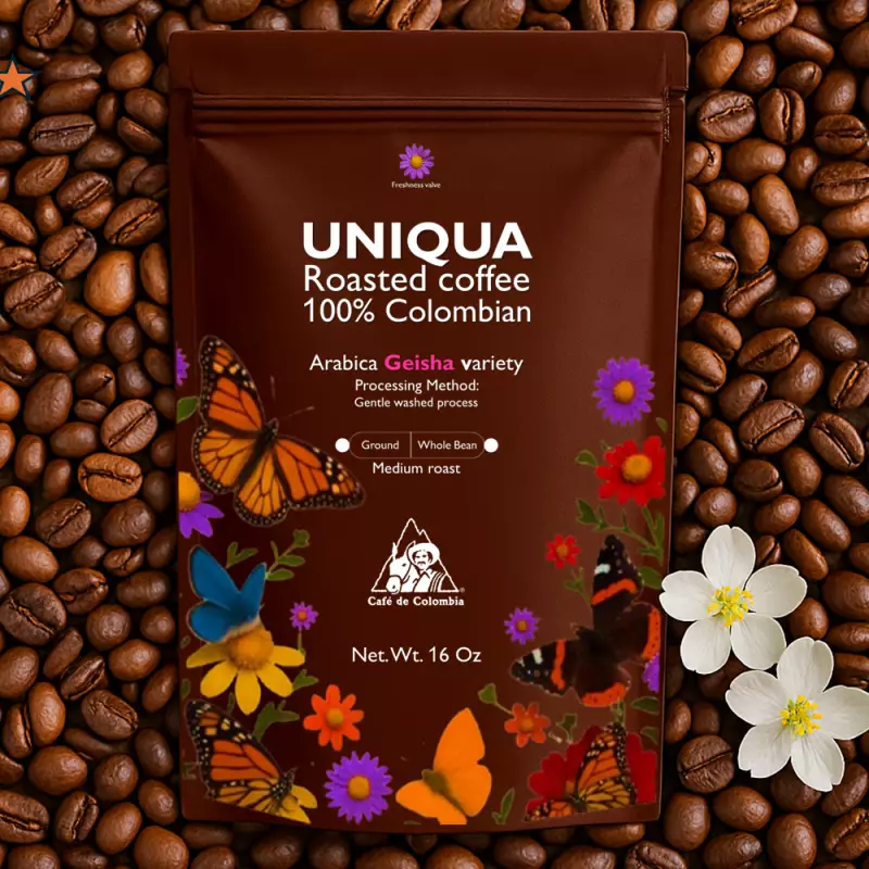 Roasted Coffee. Net Wt. 16 Oz. 100% arabica Colombian Coffee. Geisha variety. Ground or whole bean