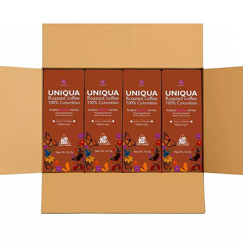 Roasted Coffee. Net Wt. 16 Oz. 100% arabica Colombian Coffee. Geisha variety. Ground or whole bean
