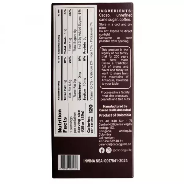82% Cacao Bar With Cane Sugar n Coffee - 1.8 oz - Pure Cacao - Been to Bar - No Artificial Flavors