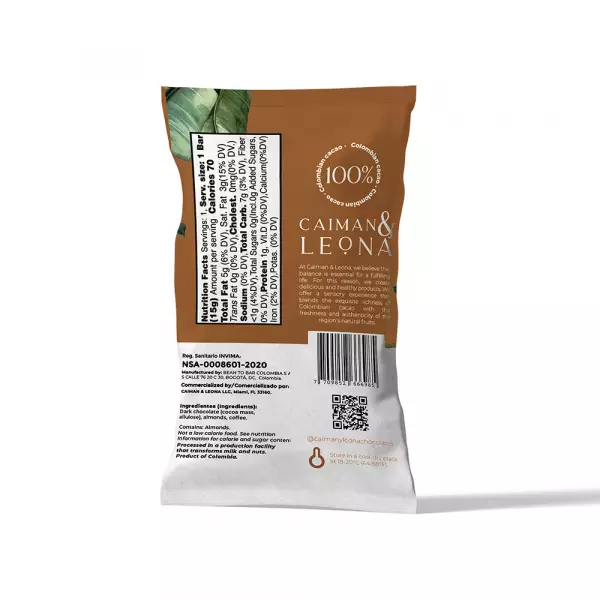 Cacao Bar with Almonds and Coffe - 0.52 oz - No Added Sugar - Vegan - Gluten Free