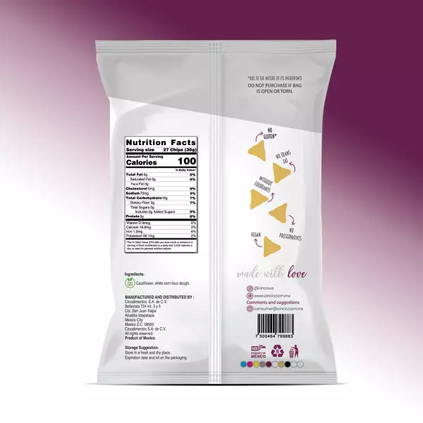 Cauliflower and corn chips / 4.2 oz / Plant Based / Clean label / No preservatives / 28 Units