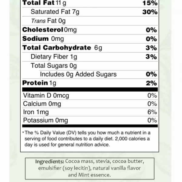 Chocolate 80% cocoa with MINT - 1.76oz with STEVIA - Gluten Free - Vegan - Sugar Free - Milk Free