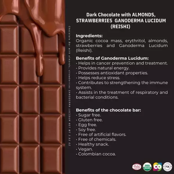 Dark chocolate bar with Almonds.strawberries and reishi/Organic/vegan/Gluten free/egg free/Soy free