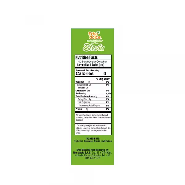Erbadolce | Organic Stevia | Box 100 Sachets X 1.0 G E.D.