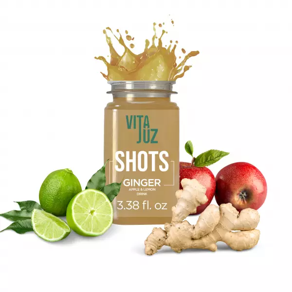 Ginger. Apple and Lemon Shot–3.4 oz. Boosts immunity. aids digestion. and provides natural energy.