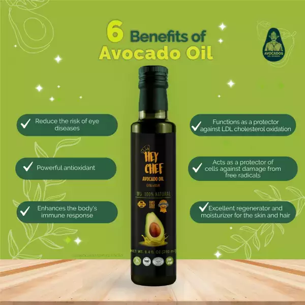 Hey Chef | Avocado Oil | Natural flavor | Extra Virgin | 100% natural |  Vegan | 8.4 Oz E.