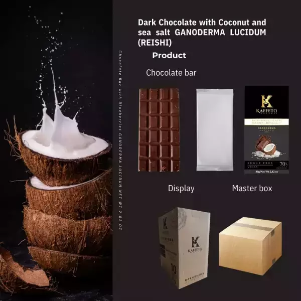 Kaffeto Gourmet | Dark Chocolate Bar with coconut and sea salt and Reishi | Organic Vegan E.