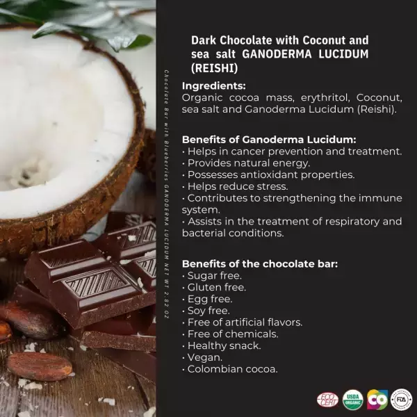 Kaffeto Gourmet | Dark Chocolate Bar with coconut and sea salt and Reishi | Organic Vegan E.