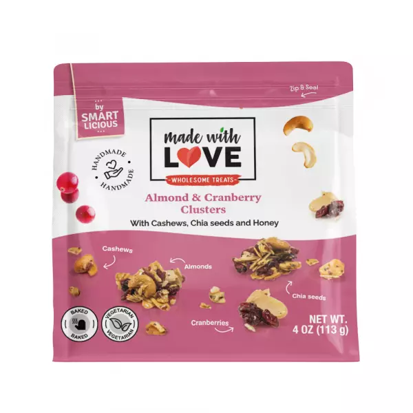 Made With Love - Almond, cashew nut and cranberry clusters, with honey and chía seeds, 4oz, zip bag.