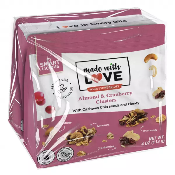 Made With Love - Almond, cashew nut and cranberry clusters, with honey and chía seeds, 4oz, zip x3.