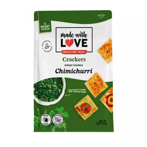 Made With Love - Artisan baked Crackers with chimichurri sauce, 6 oz, zip & seal bags.