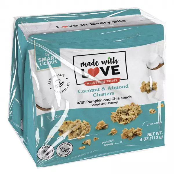 Made With Love - Coconut and almond clusters, with honey, chía and pumpkin seeds, 4oz, zip bag x3.