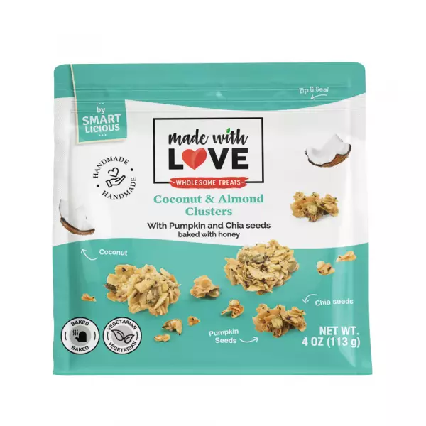 Made With Love - Coconut and almond clusters, with honey, chía and pumpkin seeds, 4oz, zip seal bag