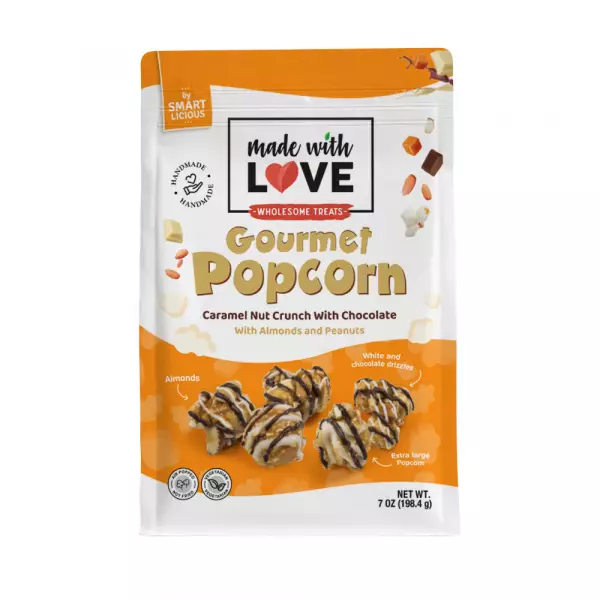 Made With Love - Popcorn, Caramel Nut Crunch, almonds, peanuts and chocolate, 7oz, zip and seal bags