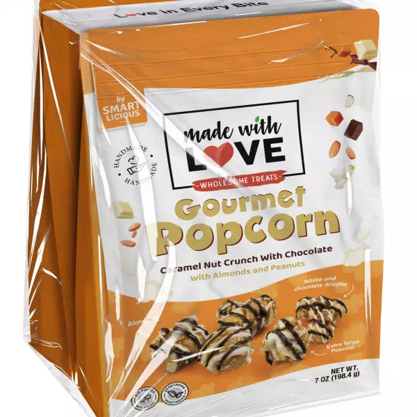 Made With Love - Popcorn, Caramel Nut Crunch, almonds, peanuts and chocolate, 7oz, zip bag x3