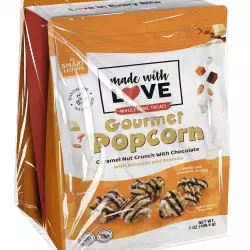 Made With Love - Popcorn, Caramel Nut Crunch x2 and Cinnamon Roll x2, 7oz, zip and seal bags.