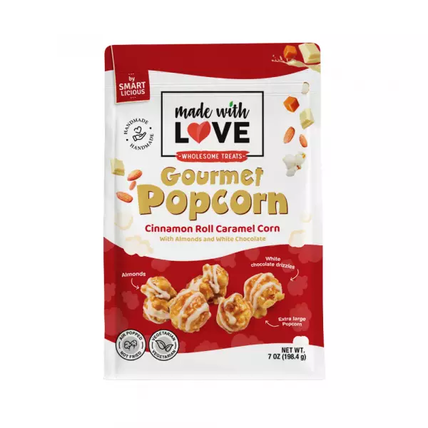 Made With Love - Popcorn, Cinnamon Roll Caramel Corn, with almonds and white chocolate 7oz, zip