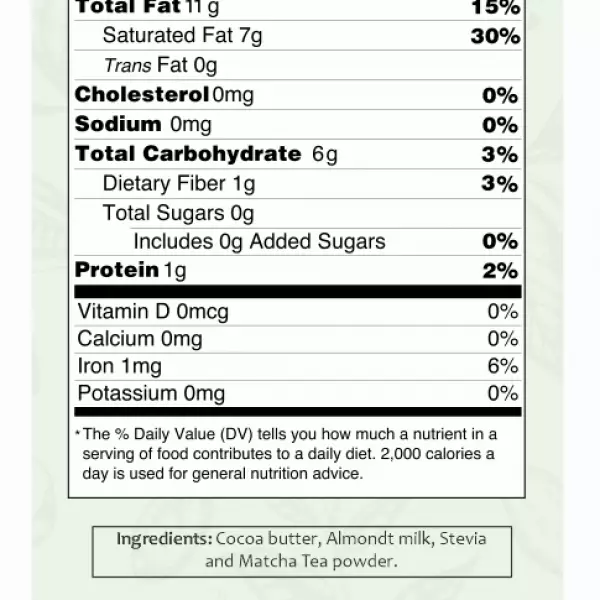 MATCHA TEA Chocolate STEVIA and Almond Milk - 1.76oz - Gluten Free - Sugar Free - Vegan - Milk Free