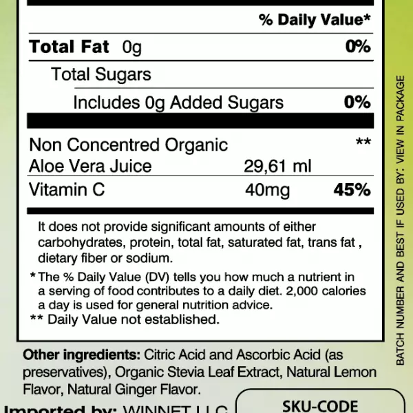 Organic Lemon & Ginger Aloe Vera Juice - 16.7oz - Vegan, Zero Sugar, Aloin/Gluten Free, Kosher.