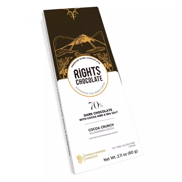 Rights Chocolate | 70% Dark Chocolate with cocoa nibs & sea salt | Cocoa Crunch | 2,11 oz.