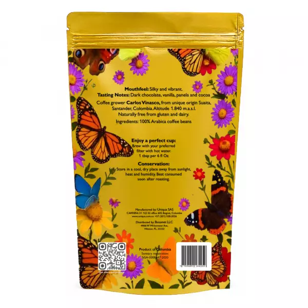 Roasted Coffee. Net Wt. 16 Oz. 100% arabica Colombian Coffee. Castillo variety. Ground or whole bean