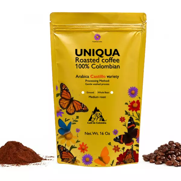 Roasted Coffee. Net Wt. 16 Oz. 100% arabica Colombian Coffee. Castillo variety. Ground or whole bean