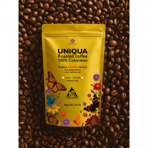 Roasted Coffee. Net Wt. 16 Oz. 100% arabica Colombian Coffee. Castillo variety. Ground or whole bean