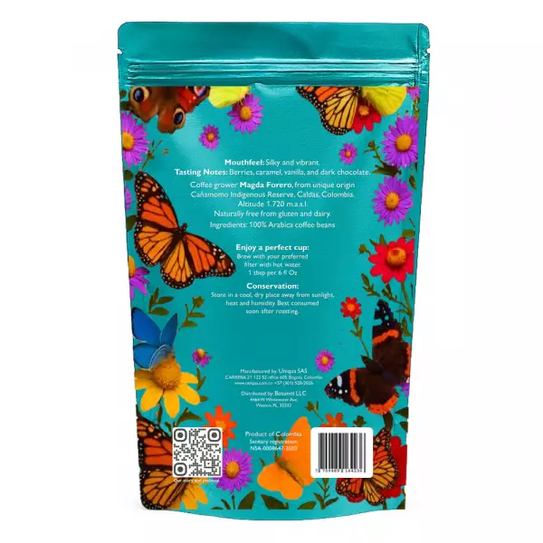 Roasted Coffee. Net Wt. 16 Oz. 100% arabica Colombian Coffee. Caturra variety. Ground or whole bean