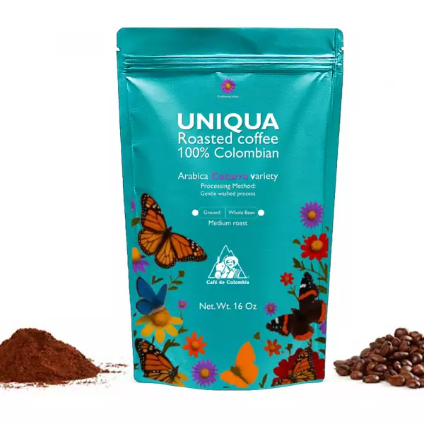 Roasted Coffee. Net Wt. 16 Oz. 100% arabica Colombian Coffee. Caturra variety. Ground or whole bean
