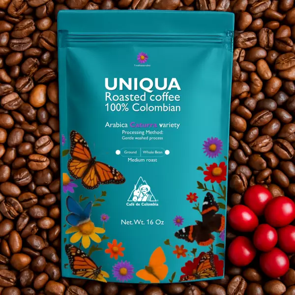 Roasted Coffee. Net Wt. 16 Oz. 100% arabica Colombian Coffee. Caturra variety. Ground or whole bean