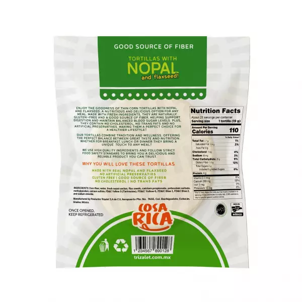 Tortilla with nopal - 14  oz - Low Calories - Gluten Free - Vegan