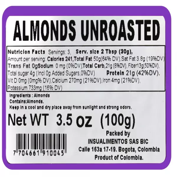 ALMONDS UNROASTED - 3.53 oz